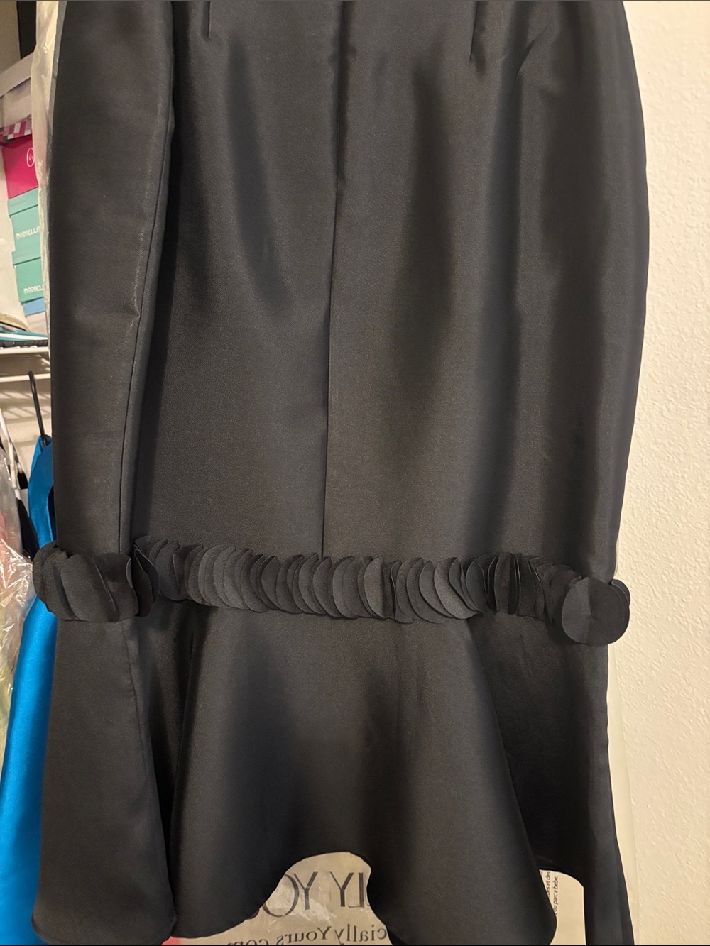 Signature Black Satin Mermaid Hem Dress with Rosette Trim